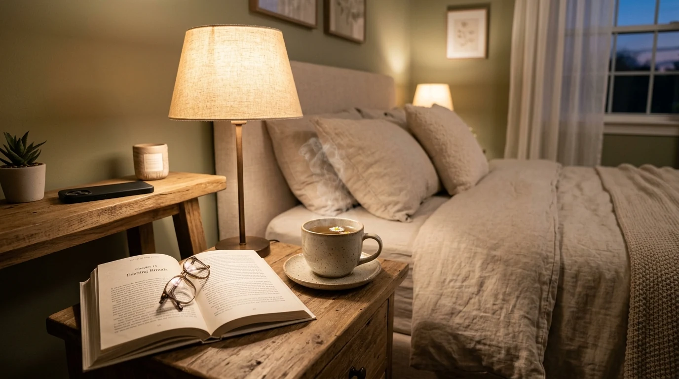 Simple calming evening wind-down routine with chamomile tea and book