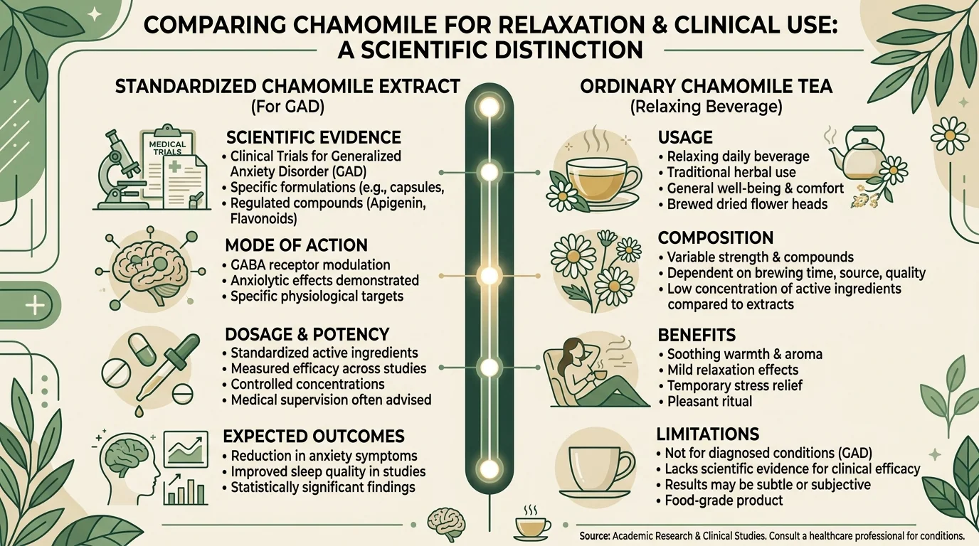 Infographic comparing standardized chamomile extract for GAD with ordinary chamomile tea beverage