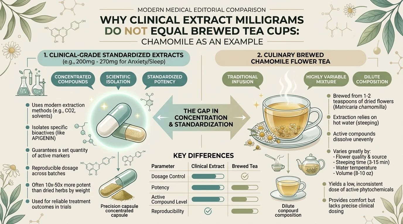 Comparison infographic explaining why clinical extract milligrams do not equal brewed tea cups