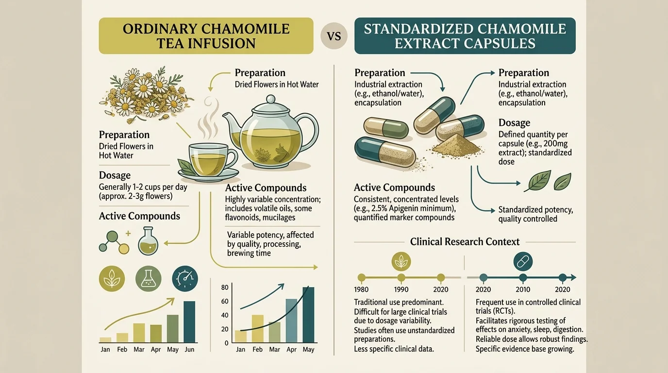 Educational diagram comparing ordinary chamomile tea infusion with standardized chamomile extract capsules