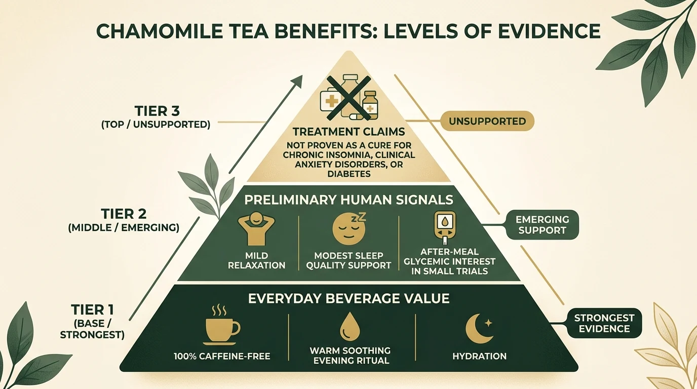 Evidence ladder graphic showing 3 tiers of chamomile tea claims