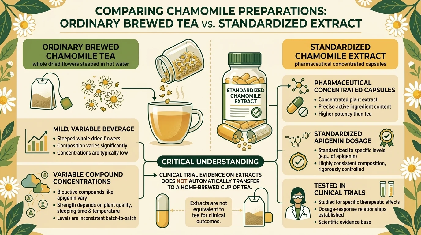 Diagram comparing evidence from ordinary chamomile tea and concentrated standardized extracts