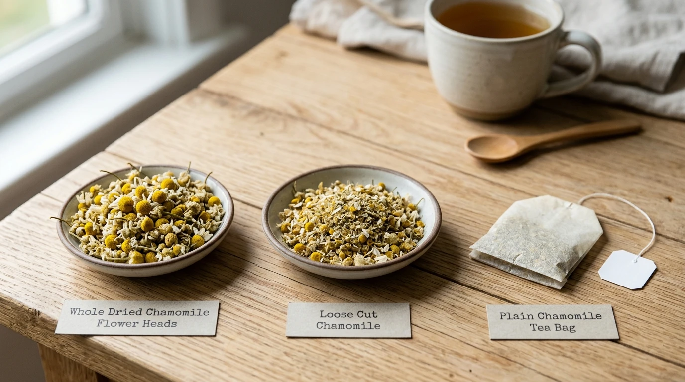 Comparison of whole chamomile flowers, loose cut chamomile, and a chamomile tea bag