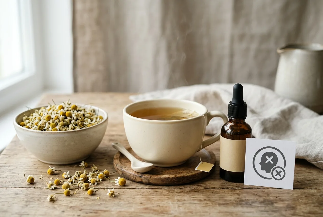 Chamomile tea with a simple visual reminder to check allergies and medicines.