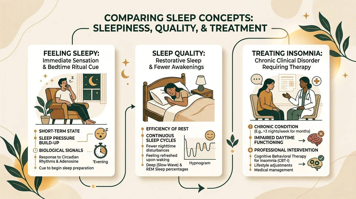 Educational infographic comparing sleepiness, sleep quality, and insomnia treatment
