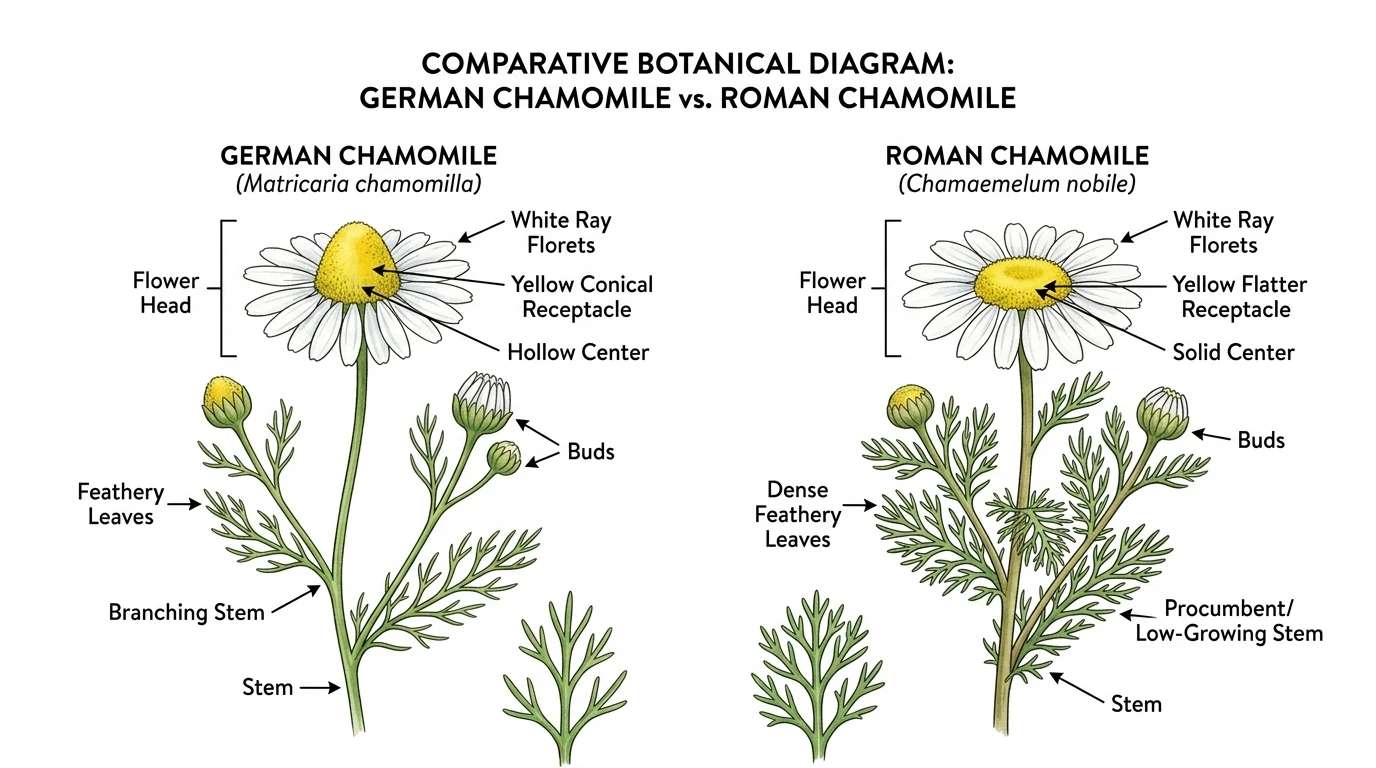Simple botanical comparison of German chamomile and Roman chamomile flowers with labels