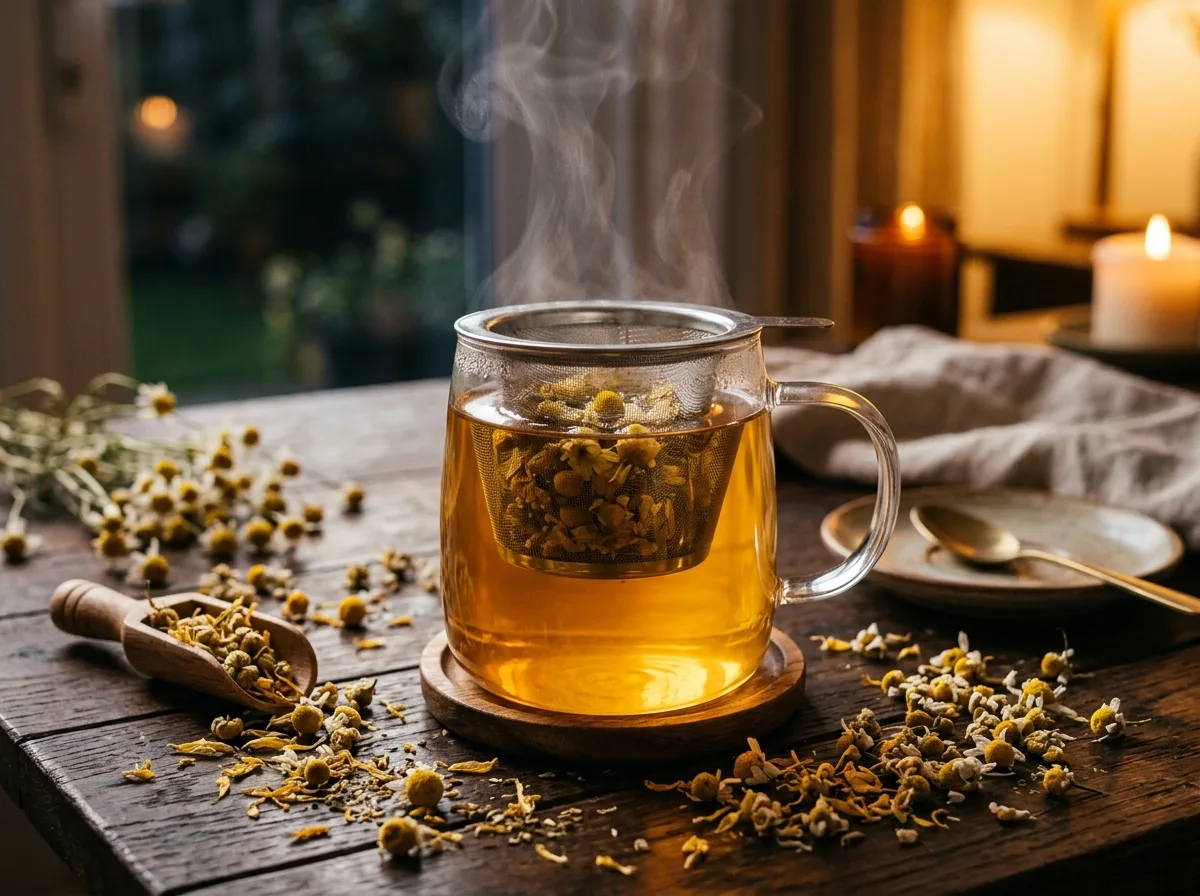 Whole flower chamomile tea infusion in clear cup
