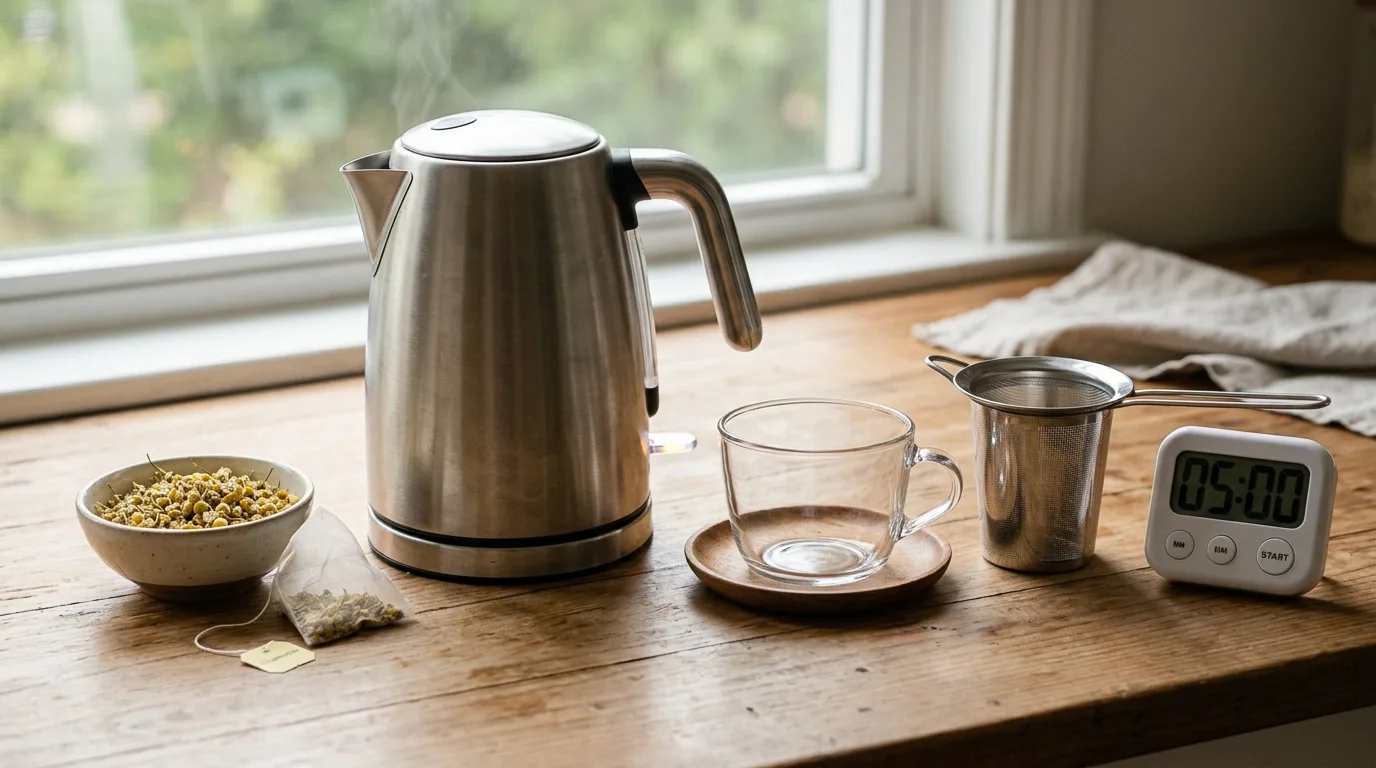 Step-by-step setup for preparing chamomile tea with hot water and dried chamomile flowers.